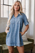 Blue Short Sleeve Collared Patched Pocket Denim Mini Dress