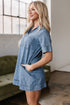 Blue Short Sleeve Collared Patched Pocket Denim Mini Dress
