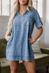 Blue Short Sleeve Collared Patched Pocket Denim Mini Dress