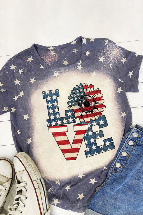 Blue Starlet Allover Bleached Love Sunflower Flag Graphic Tee