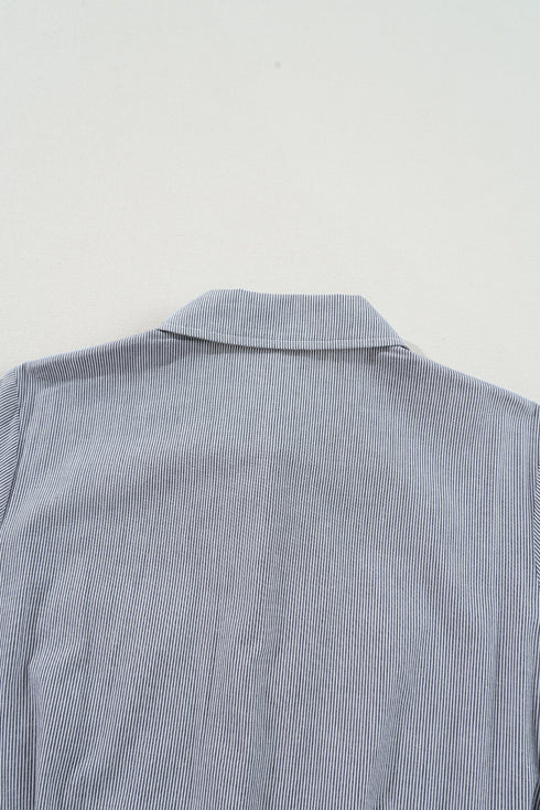 Blue Stripe Chest Pockets Buttoned Belted High Waist Romper