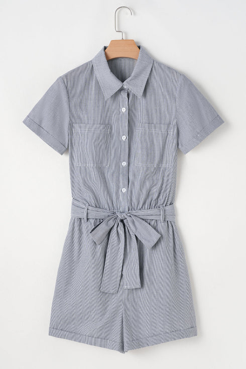 Blue Stripe Chest Pockets Buttoned Belted High Waist Romper