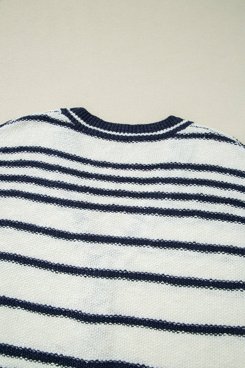 Blue Stripe Loose Buttoned V Neck Sweater Vest