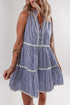 Blue Stripe Sleeveless Notched V Neck Contrast Ric Rac Mini Dress