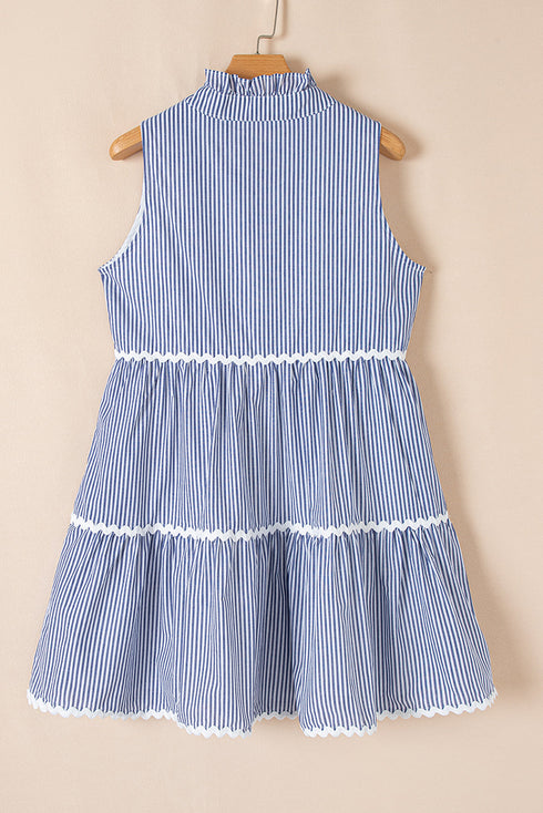 Blue Stripe Sleeveless Notched V Neck Contrast Ric Rac Mini Dress
