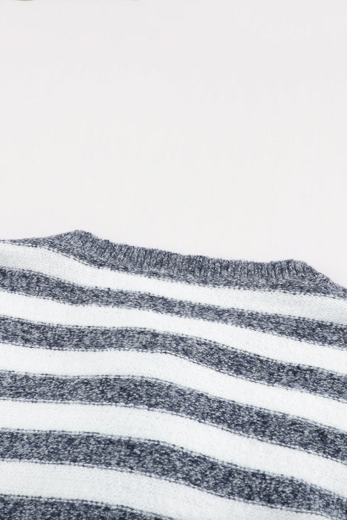 Blue Striped Knit Tie Up Sweater