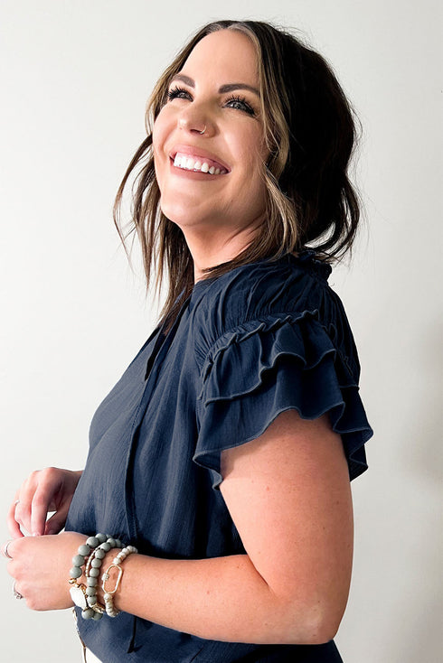 Blue Tiered Ruffled Sleeve Drawstring V Neck Plus Size Blouse