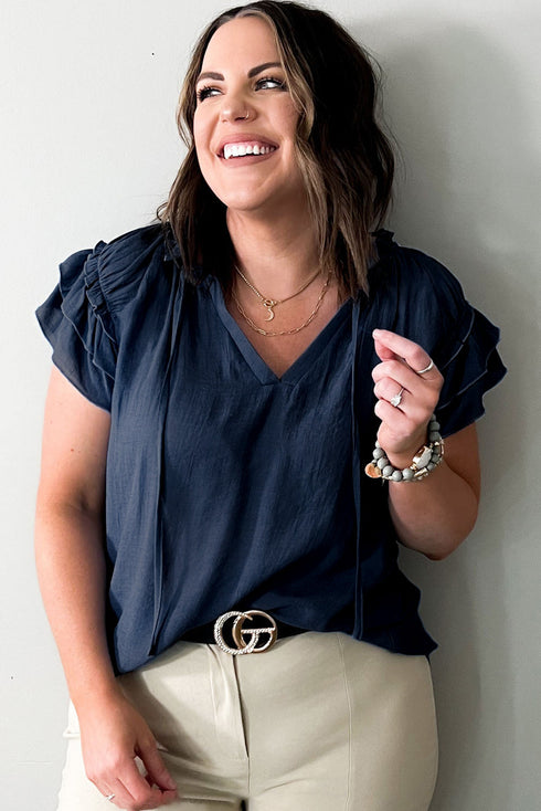Blue Tiered Ruffled Sleeve Drawstring V Neck Plus Size Blouse