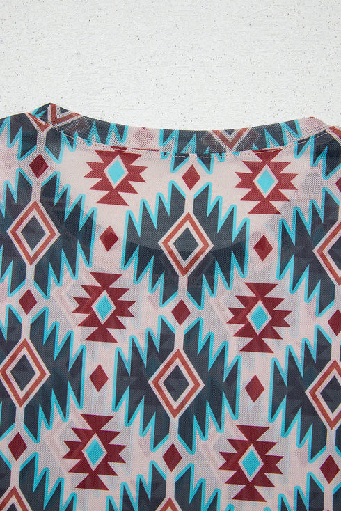 Blue Western Aztec Print Mesh Slim T Shirt