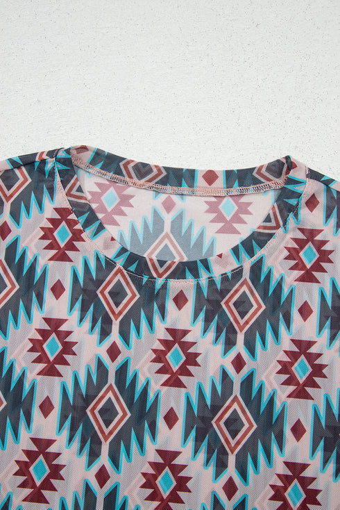 Blue Western Aztec Print Mesh Slim T Shirt