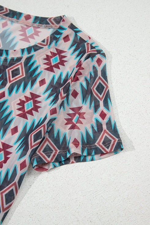 Blue Western Aztec Print Mesh Slim T Shirt