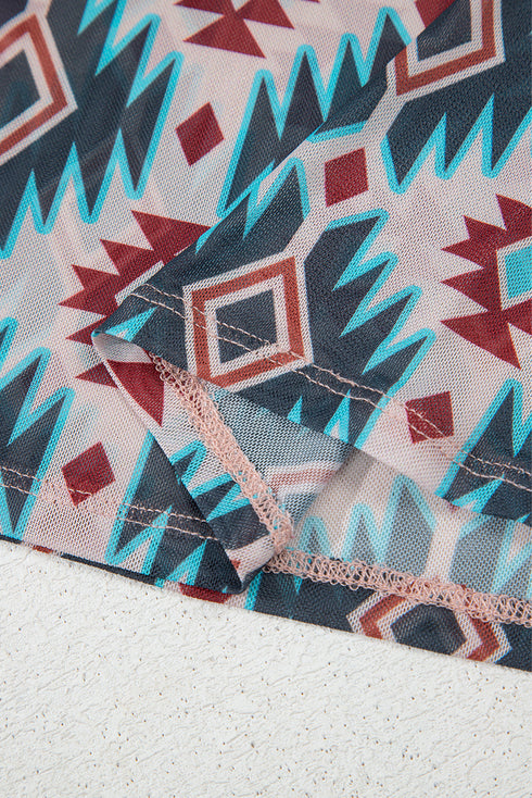 Blue Western Aztec Print Mesh Slim T Shirt