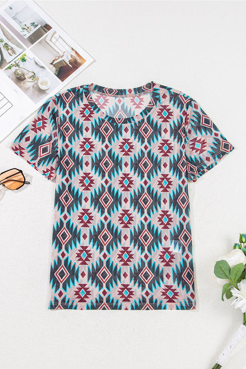 Blue Western Aztec Print Mesh Slim T Shirt