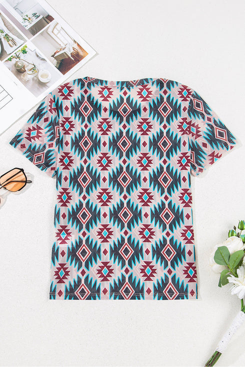 Blue Western Aztec Print Mesh Slim T Shirt