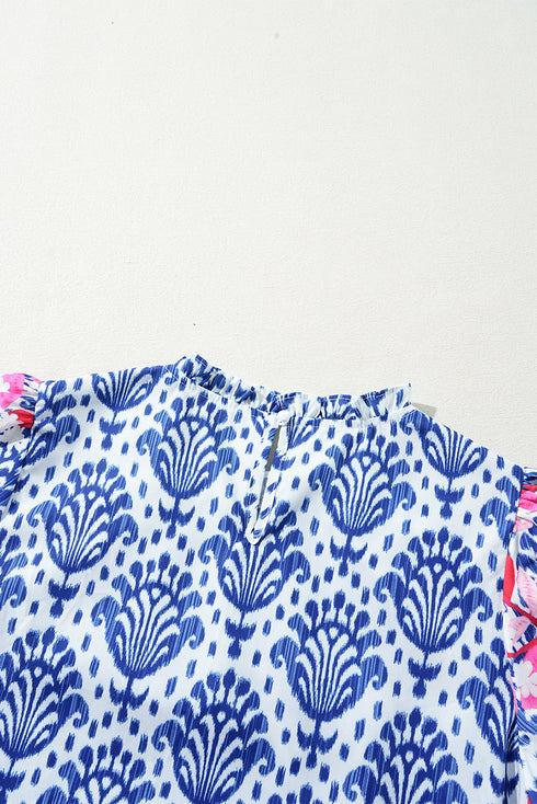 Blue Western Fashion Print Floral Puff Sleeve Frilled Neck Blouse