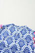 Blue Western Fashion Print Floral Puff Sleeve Frilled Neck Blouse