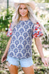 Blue Western Fashion Print Floral Puff Sleeve Frilled Neck Blouse