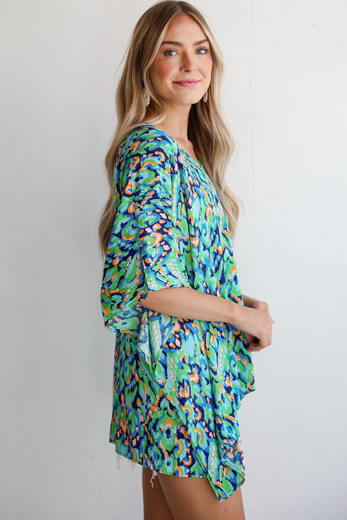 Bohemian Abstract Patterned V Neck Loose Fit Tunic Blouse