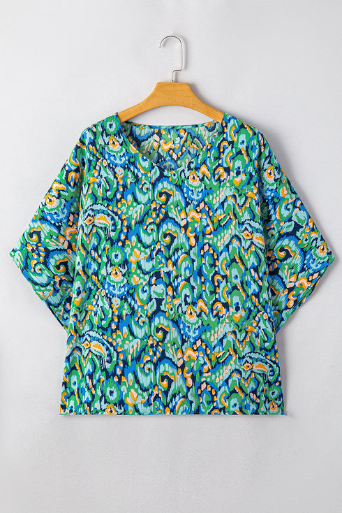 Bohemian Abstract Patterned V Neck Loose Fit Tunic Blouse