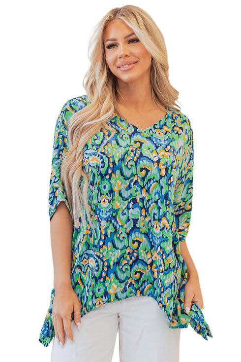 Bohemian Abstract Patterned V Neck Loose Fit Tunic Blouse