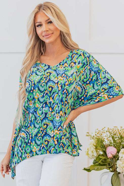 Bohemian Abstract Patterned V Neck Loose Fit Tunic Blouse