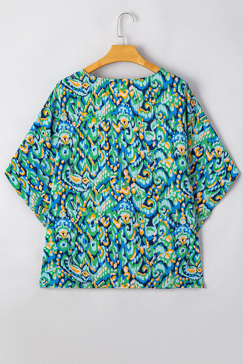 Bohemian Abstract Patterned V Neck Loose Fit Tunic Blouse