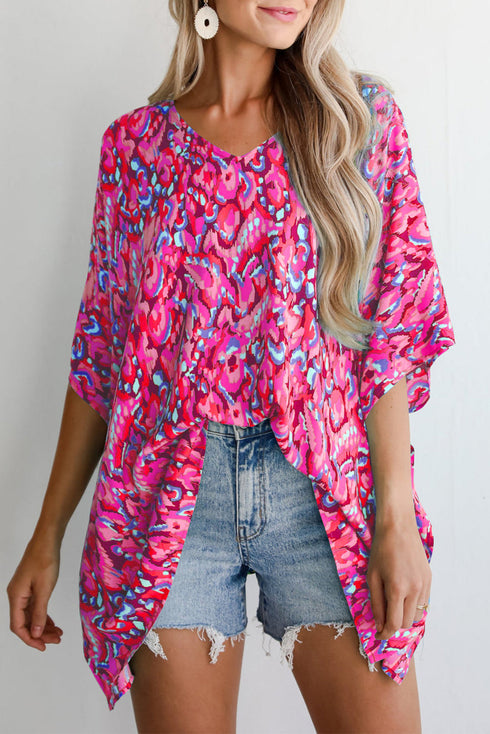 Bohemian Abstract Patterned V Neck Loose Fit Tunic Blouse