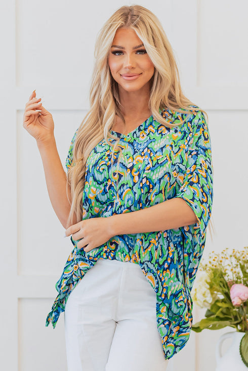 Bohemian Abstract Patterned V Neck Loose Fit Tunic Blouse