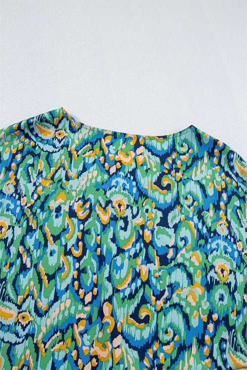 Bohemian Abstract Patterned V Neck Loose Fit Tunic Blouse