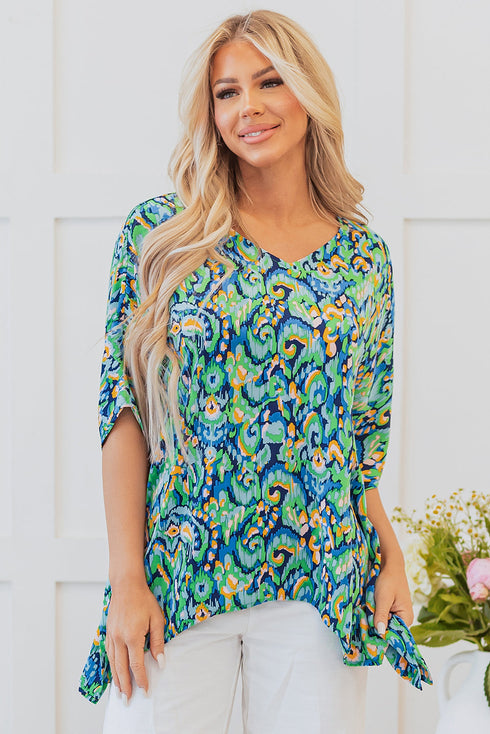 Bohemian Abstract Patterned V Neck Loose Fit Tunic Blouse