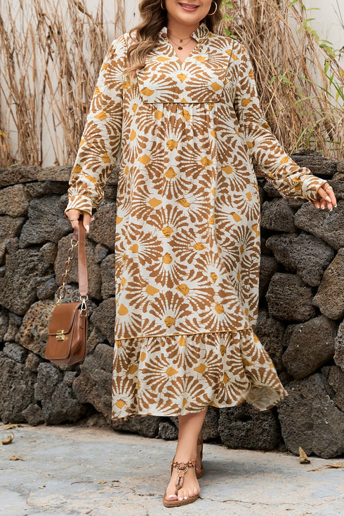 Bohemian Abstract Plant Print A Line Maxi Dress