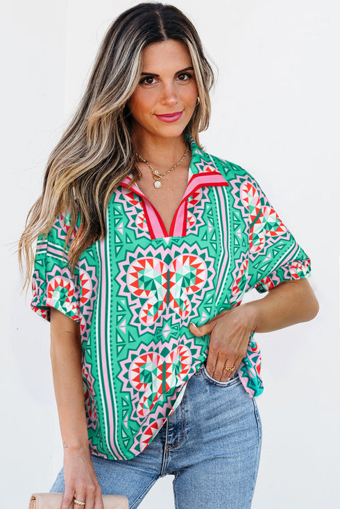 Bohemian Abstract Print Collared Long Sleeve Blouse