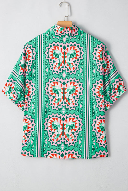 Bohemian Abstract Print Collared Long Sleeve Blouse