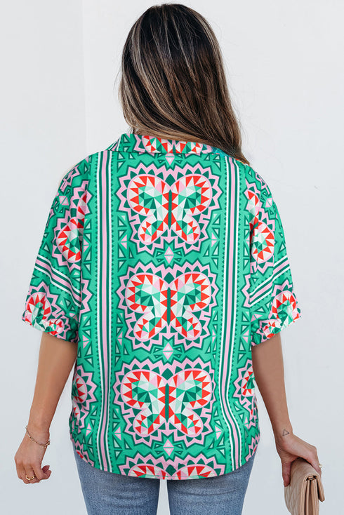 Bohemian Abstract Print Collared Long Sleeve Blouse