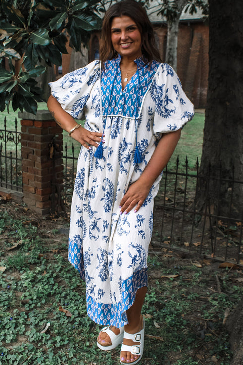 Bohemian Abstract Print Contrast Trim Tassel Tie Floral Dress