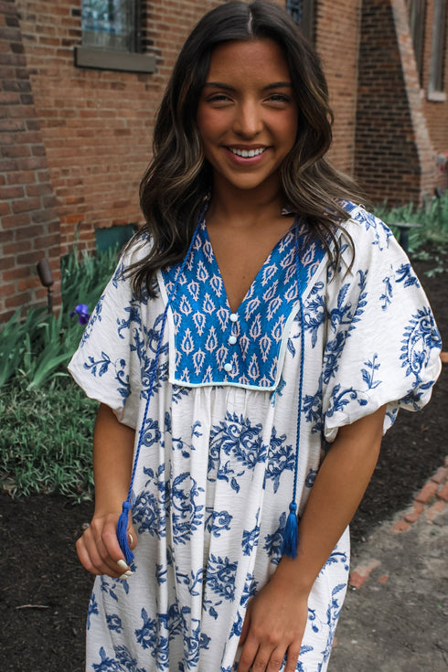 Bohemian Abstract Print Contrast Trim Tassel Tie Floral Dress