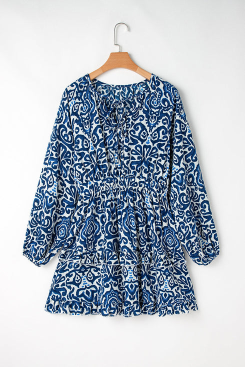 Bohemian Abstract Print Lace Up Long Sleeve Mini Dress