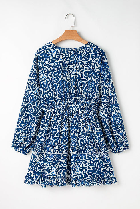 Bohemian Abstract Print Lace Up Long Sleeve Mini Dress