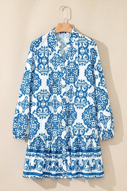 Bohemian Abstract Print Notch Neck Button Up Mini Dress