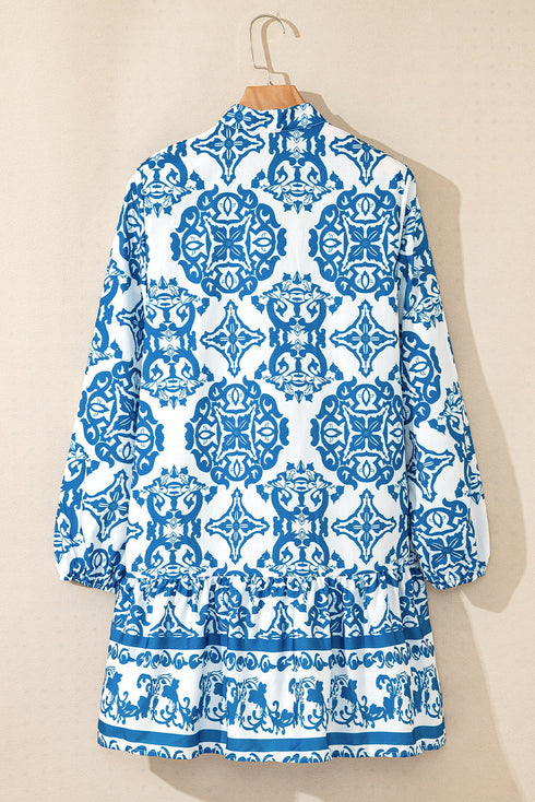 Bohemian Abstract Print Notch Neck Button Up Mini Dress