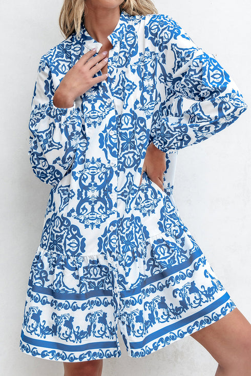 Bohemian Abstract Print Notch Neck Button Up Mini Dress