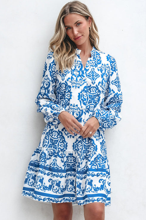 Bohemian Abstract Print Notch Neck Button Up Mini Dress