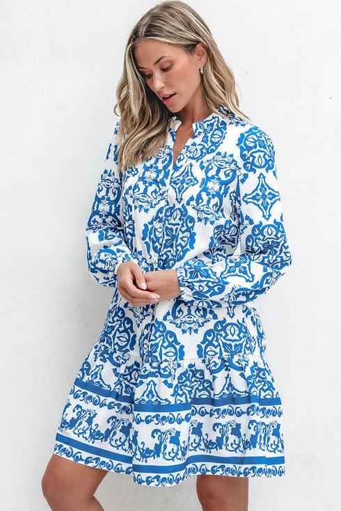 Bohemian Abstract Print Notch Neck Button Up Mini Dress