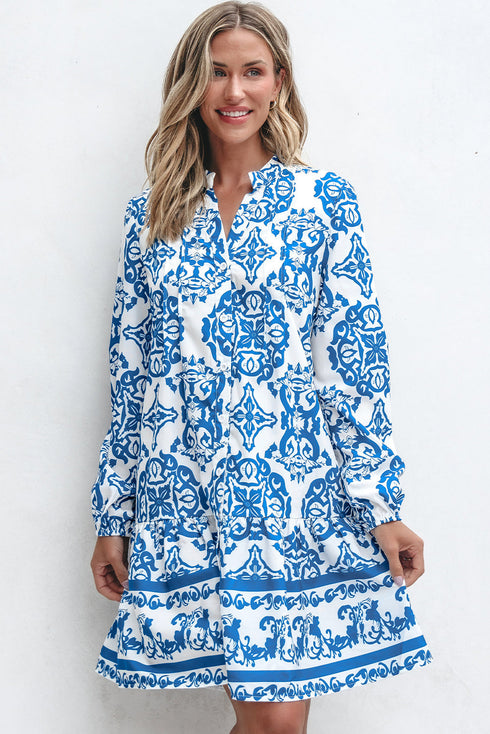 Bohemian Abstract Print Notch Neck Button Up Mini Dress