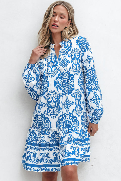 Bohemian Abstract Print Notch Neck Button Up Mini Dress
