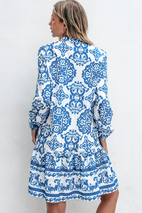 Bohemian Abstract Print Notch Neck Button Up Mini Dress
