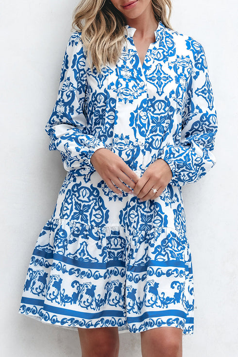 Bohemian Abstract Print Notch Neck Button Up Mini Dress