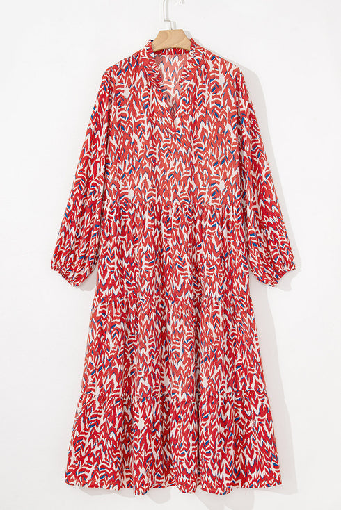 Bohemian Abstract Print Notch Neck High Waist Maxi Dress