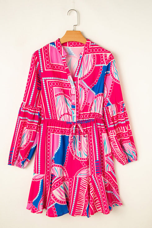 Bohemian Abstract Print Puff Sleeve Drawstring Ruffled Mini Dress