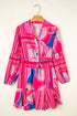 Bohemian Abstract Print Puff Sleeve Drawstring Ruffled Mini Dress